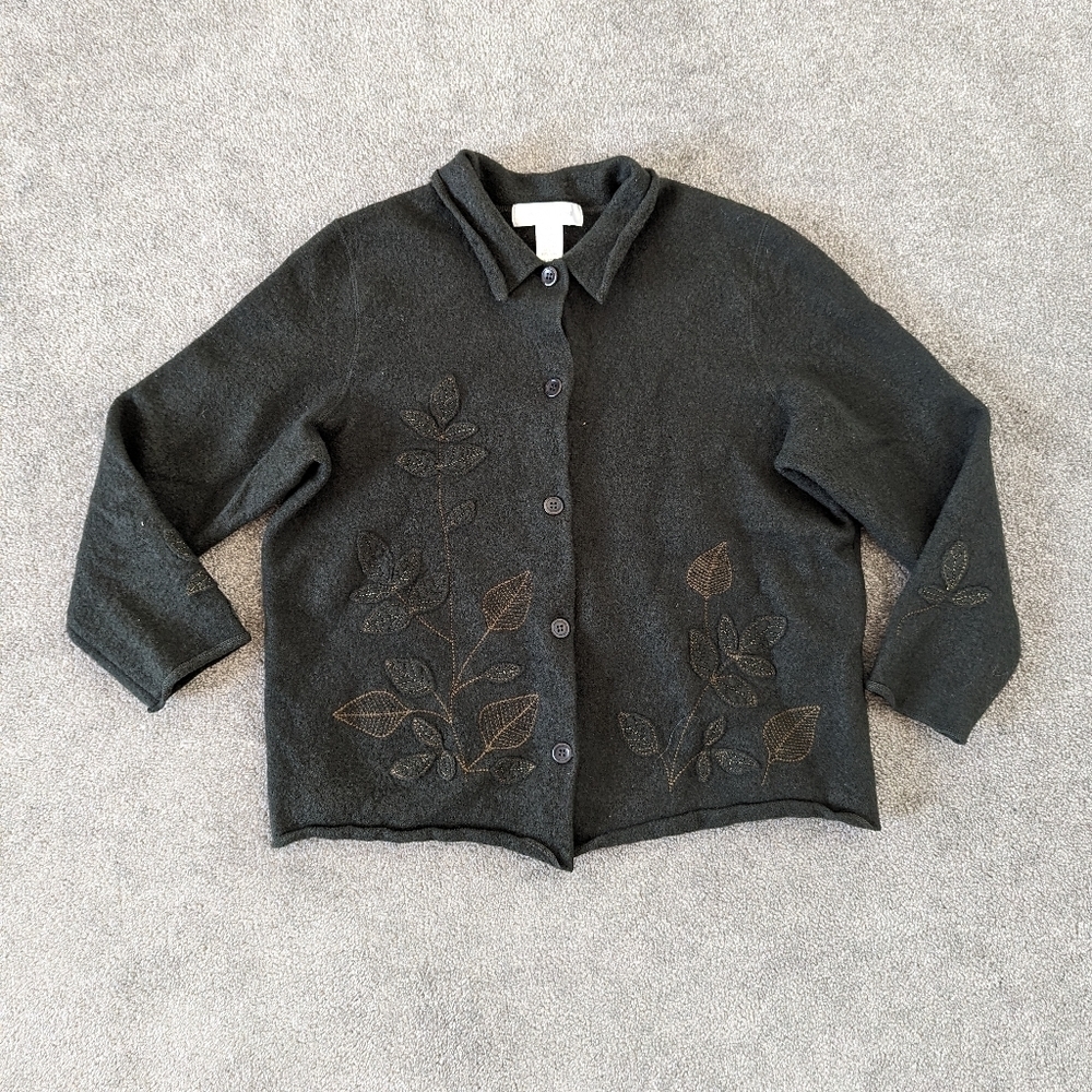 Jones New York Flower Embroidered Wool Cardigan Women's Large Dark Green